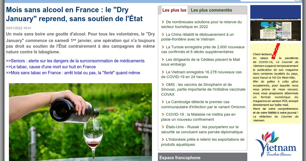 Le mois sans alcool en France, le courrier du Vietnam